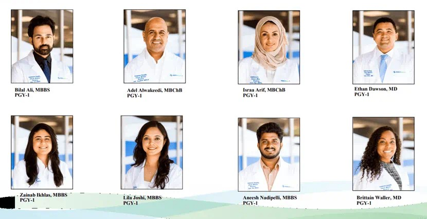 Image of eight resident doctors. Mix of genders and backgrounds. All wearing white lab coats.