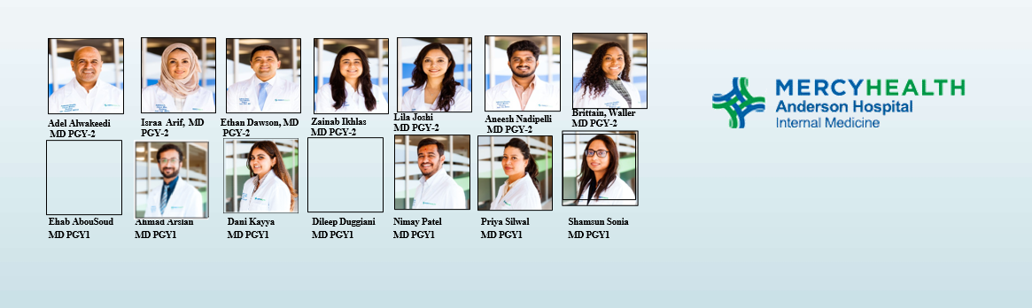 Image of eight resident doctors. Mix of genders and backgrounds. All wearing white lab coats.