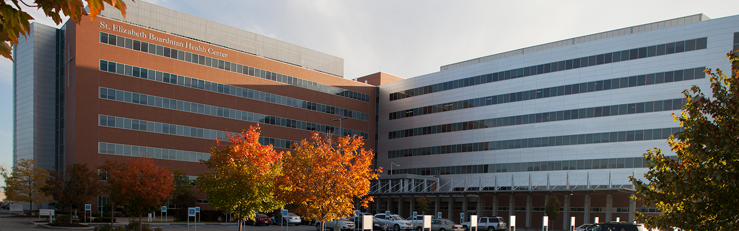 Exterior shot of the hospital. Large brown brick building with glass.