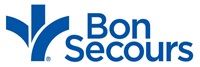 Bon Secour logo made up of a simple stylize fluer de li and the letters Bon Secours in dark blue 